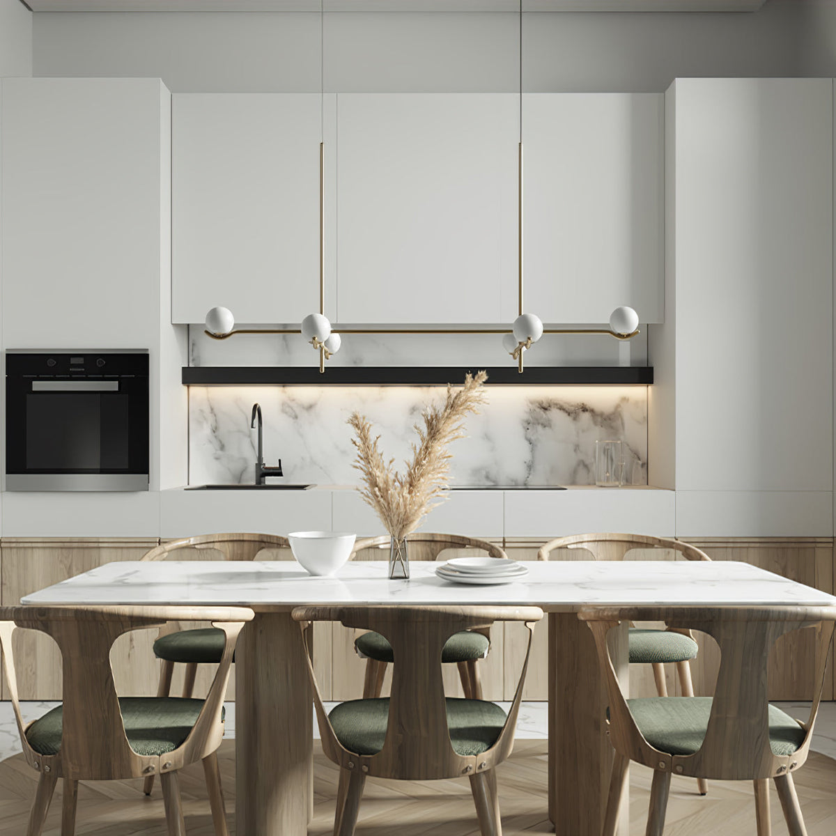 Elvian Chandelier White Globe Brass Minimalist