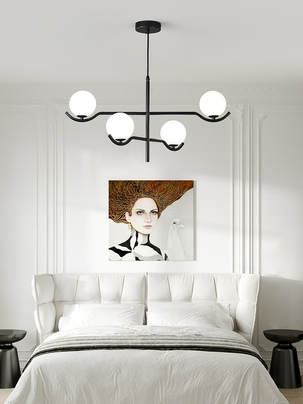 Elvian Chandelier White Globe Brass Minimalist