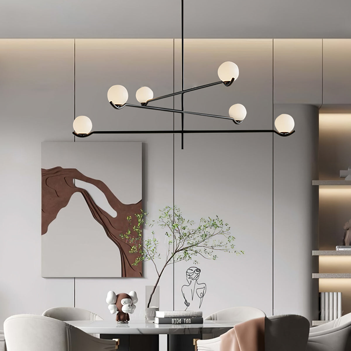 Elvian Chandelier White Globe Brass Minimalist
