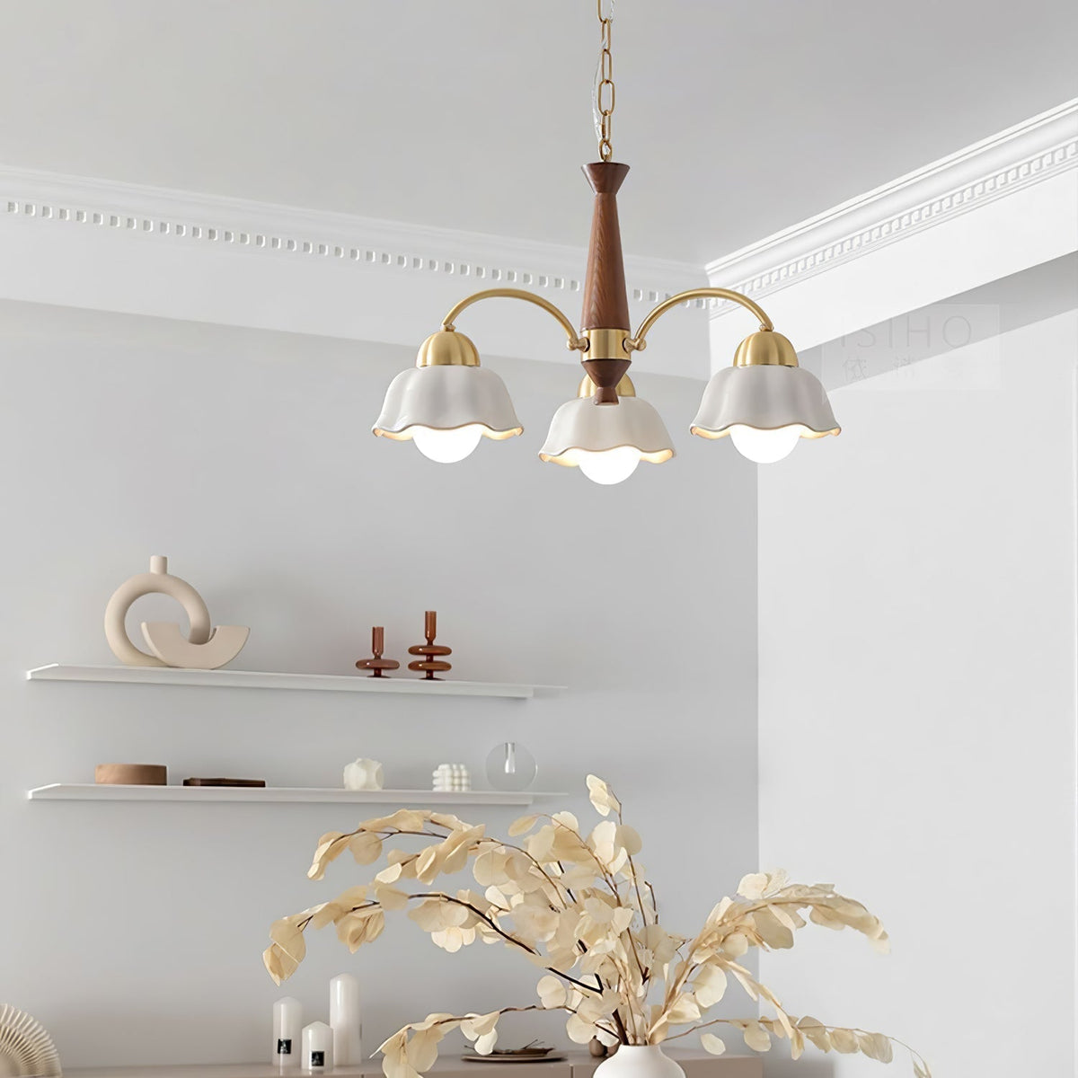 Kagopes Vintage LED Multi Flower Ceramic Bulbs Metal Wood Bedroom Living Room Pendant Light