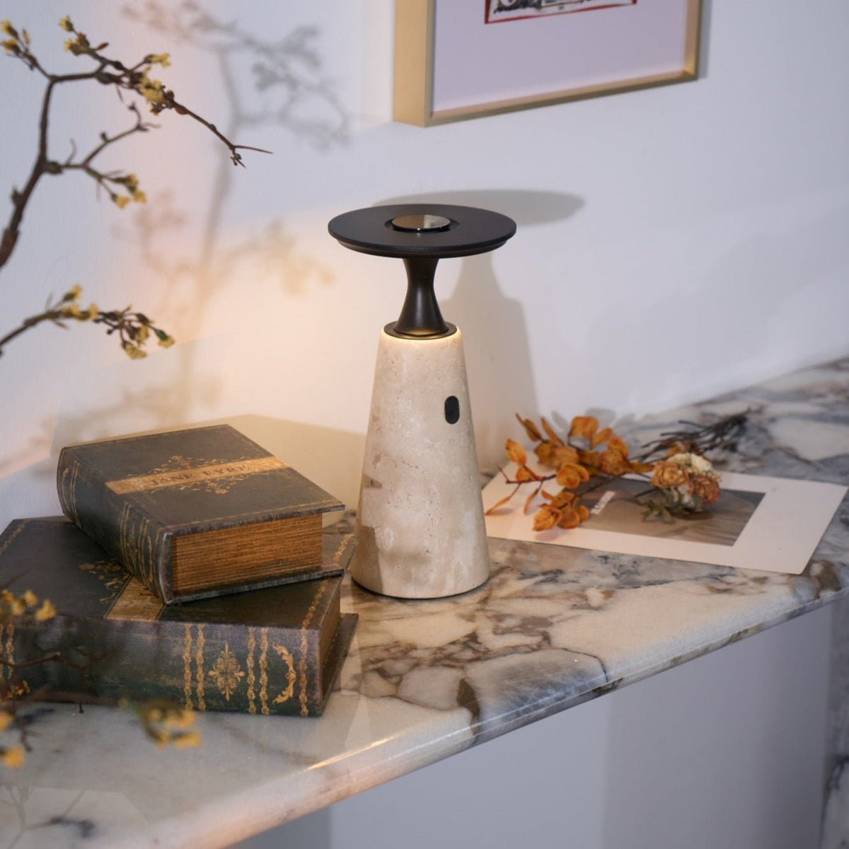 Vespera Sculptural Travertine Table Lamp