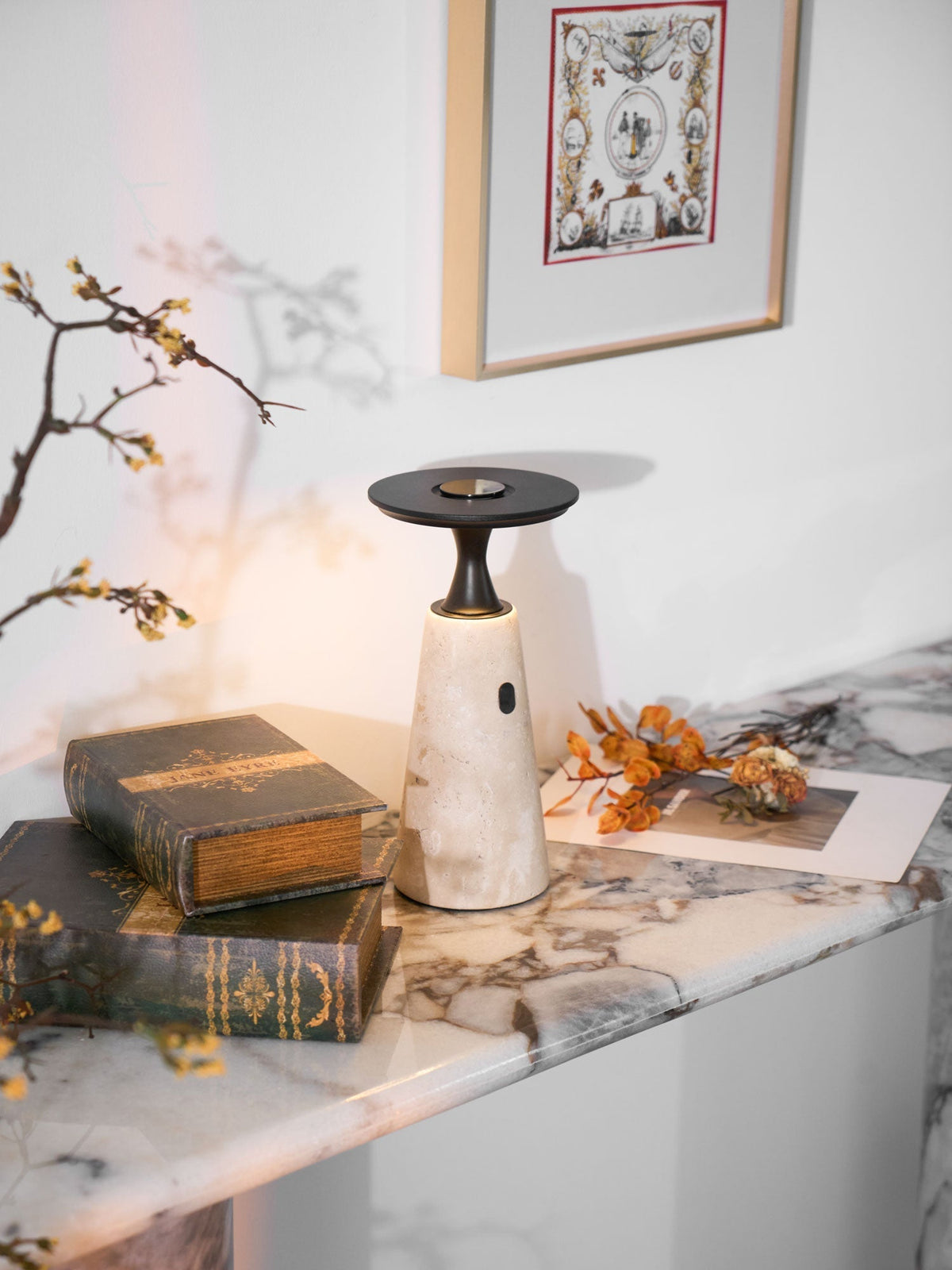 Vespera Sculptural Travertine Table Lamp