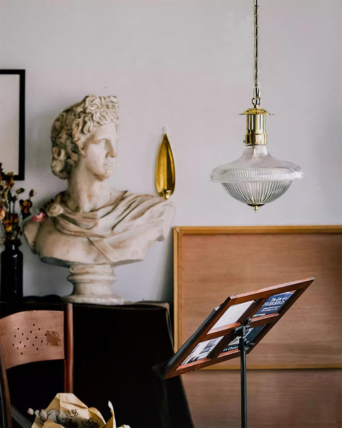 Norvela Pendant Light Clear Ribbed Glass Brass Vintage