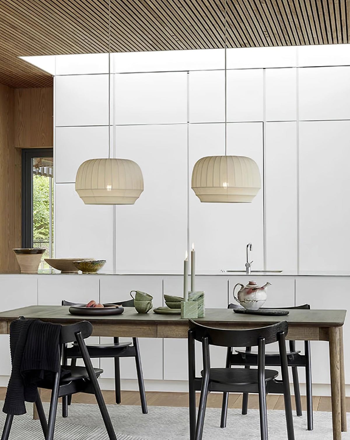 Taro Pendant Lamp Silk Shade White Fabric Vertical Lines Soft Modern Minimalist