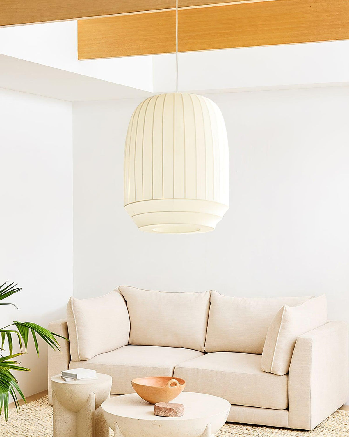Taro Pendant Lamp Silk Shade White Fabric Vertical Lines Soft Modern Minimalist
