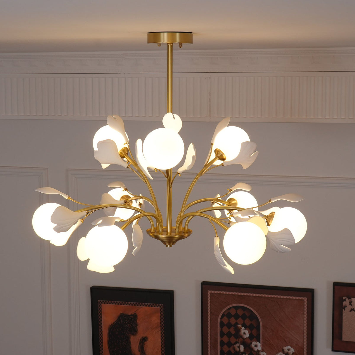 Ginkgo Leaf Chandelier with Frosted Glass Globes