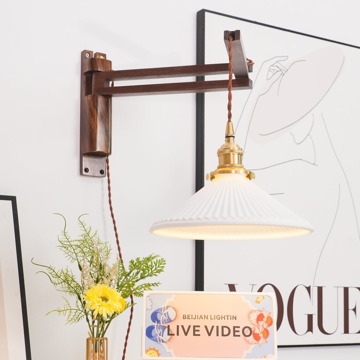 Esviel Nordic Art Swing Arm Walnut Ceramic Wall Light