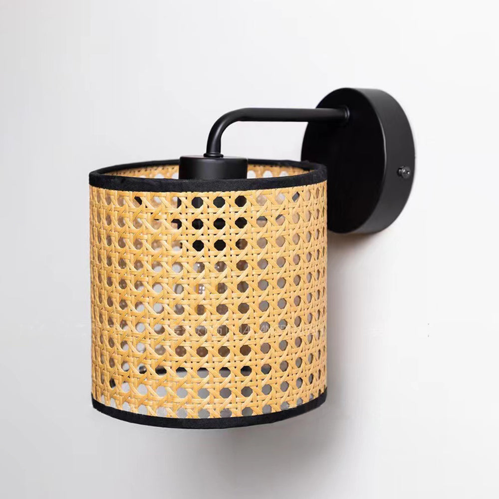 Holibus Rustic Cylindrical Rattan/Metal Wall Lamp, Brown