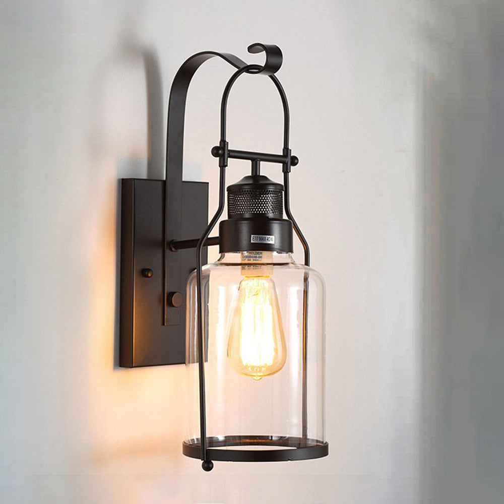 Fekutos Vintage Lantern Glass/Metal Wall Lamp, Black/Rusty
