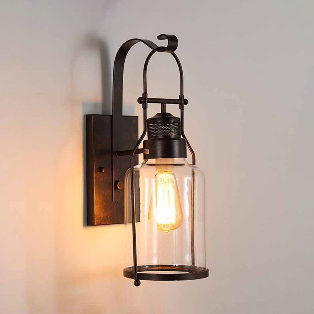 Fekutos Vintage Lantern Glass/Metal Wall Lamp, Black/Rusty