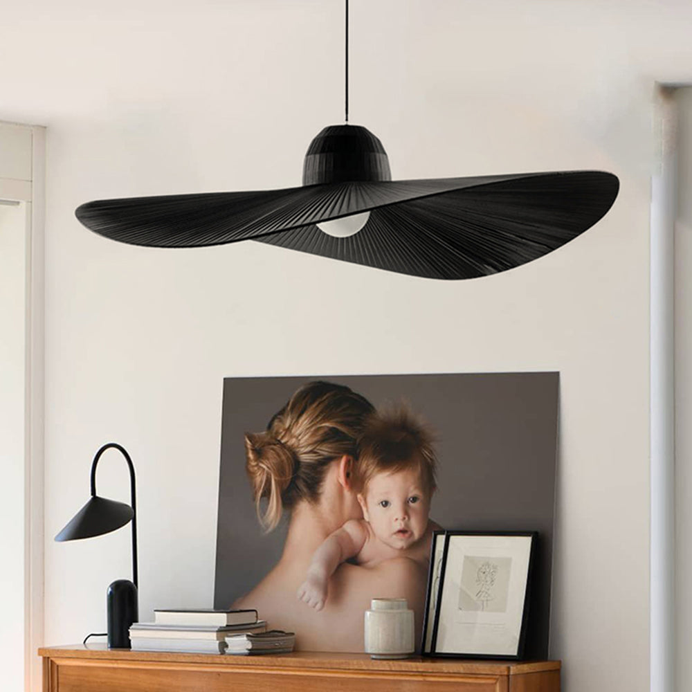 Jevupek Modern Woven Wide-Brimmed Hat Shape Metal/Fabric Pendant Light, Black/White