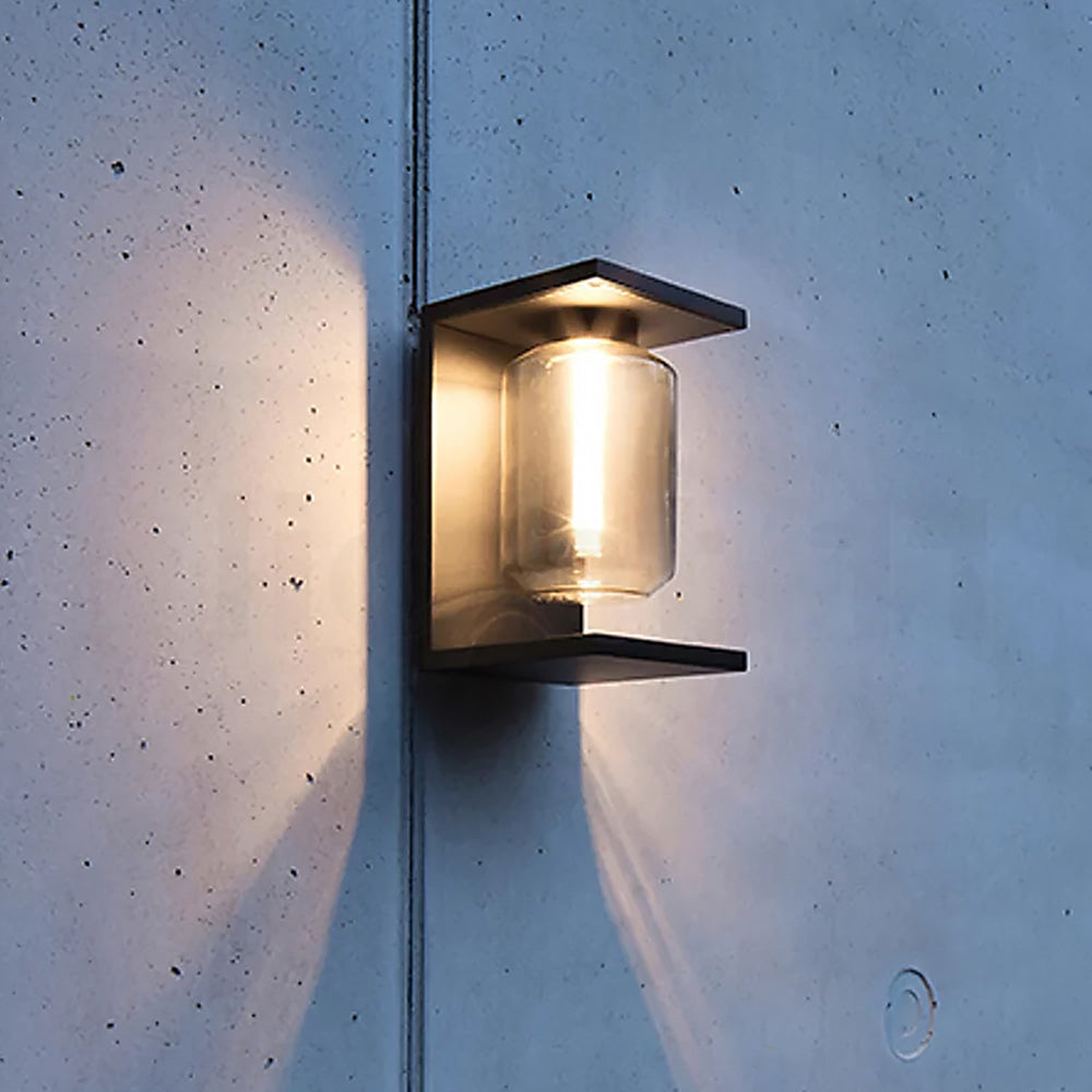 Revaker Modern Rectangular Metal/Glass Lantern Solar Outdoor Waterproof Wall Lamp，Black/Grey