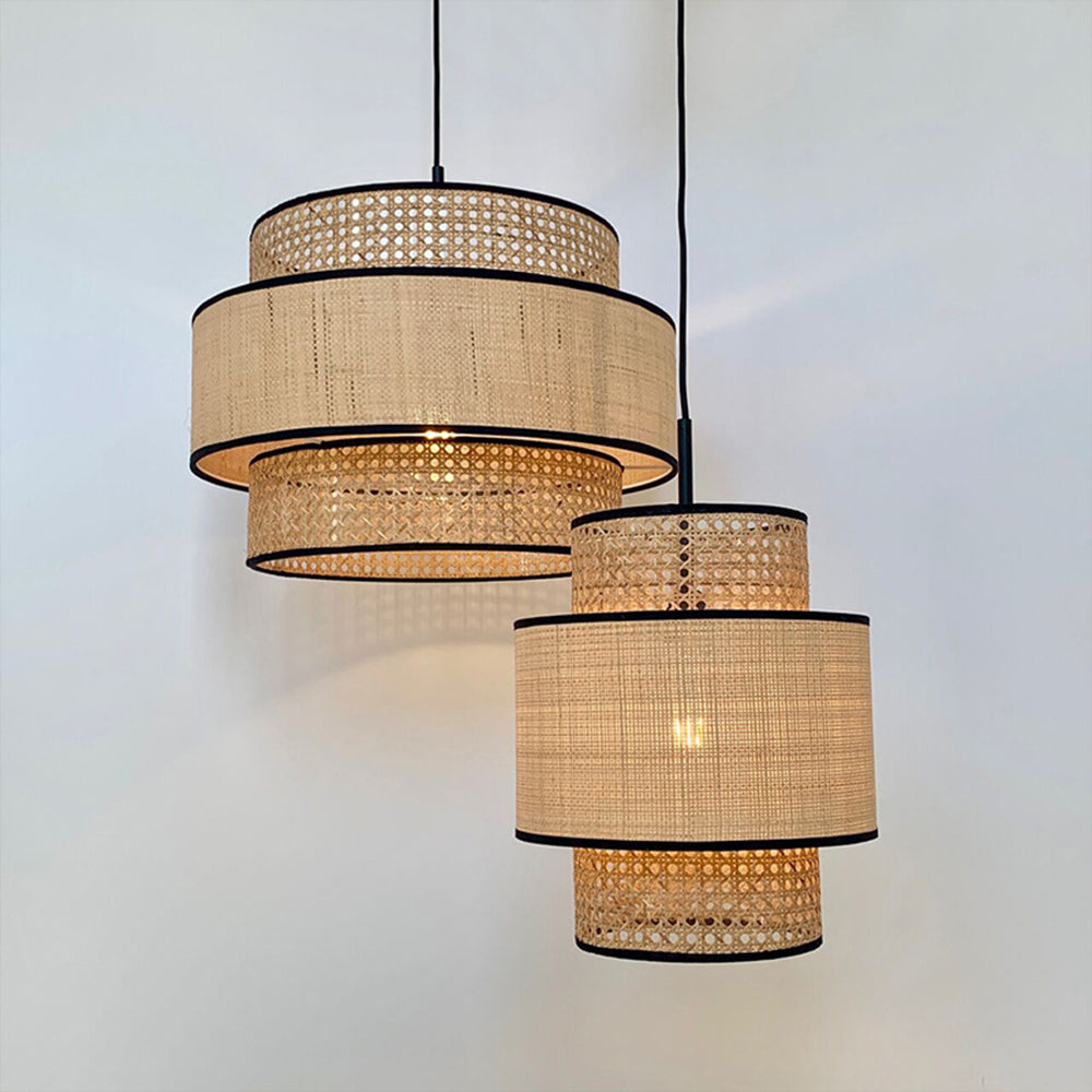 Danogar Wabi Sabi Tri-Layer Cylindrical Rattan/Metal Pendant Light, Wooden