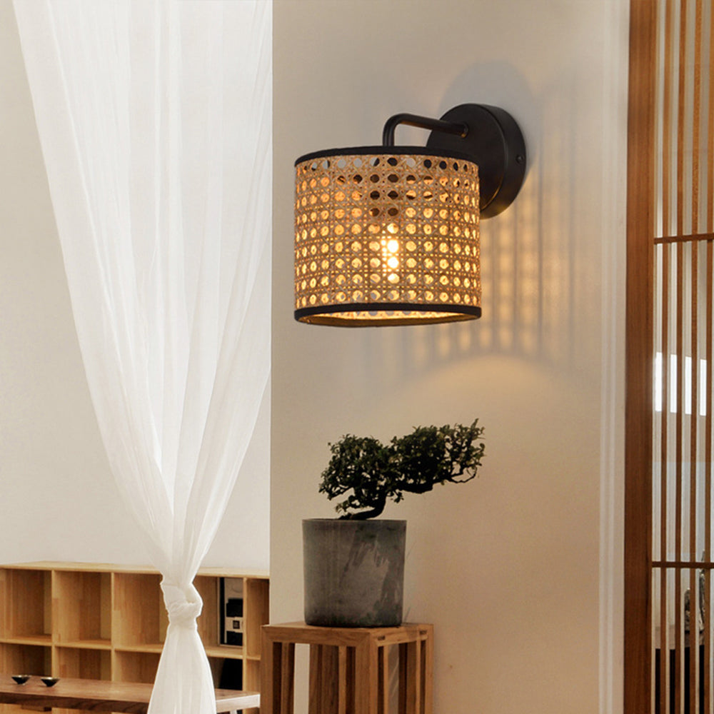 Holibus Rustic Cylindrical Rattan/Metal Wall Lamp, Brown