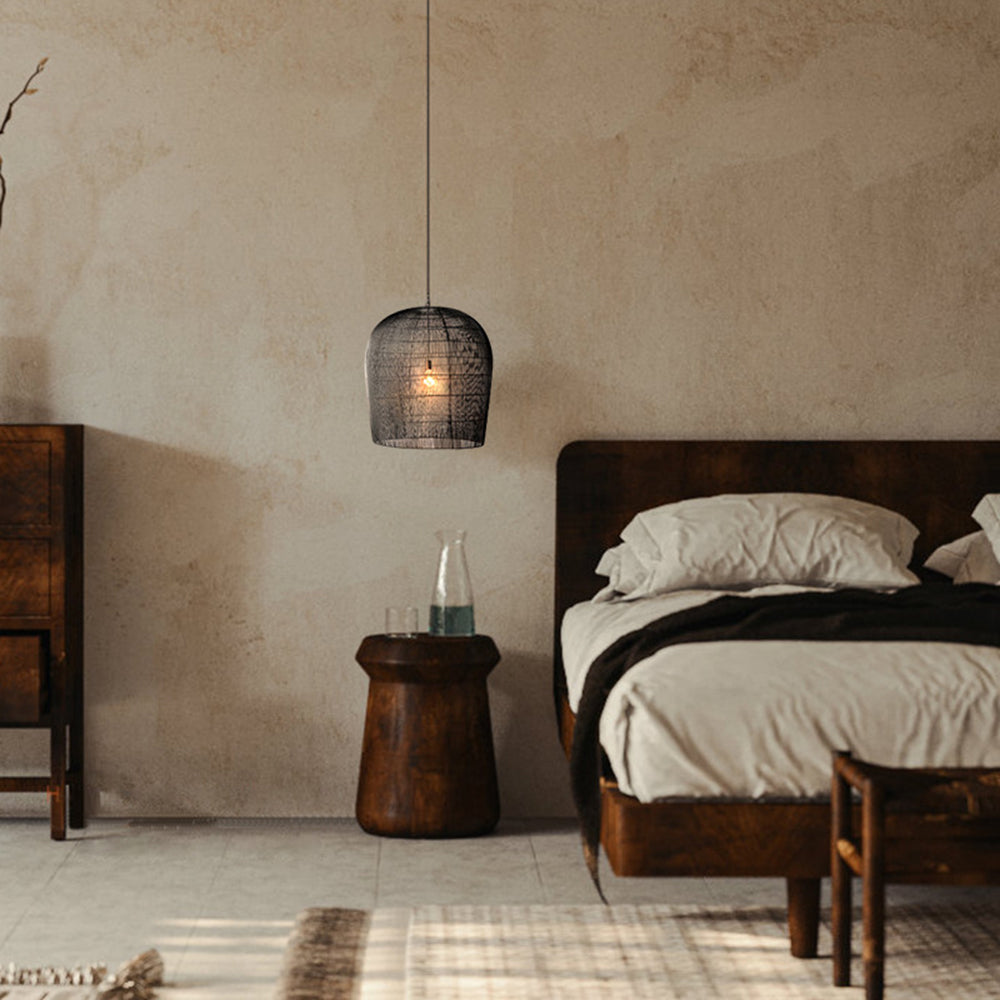 Wadanud Wabi Sabi Bird Cage Rattan/Metal Pendant Light, Black/White