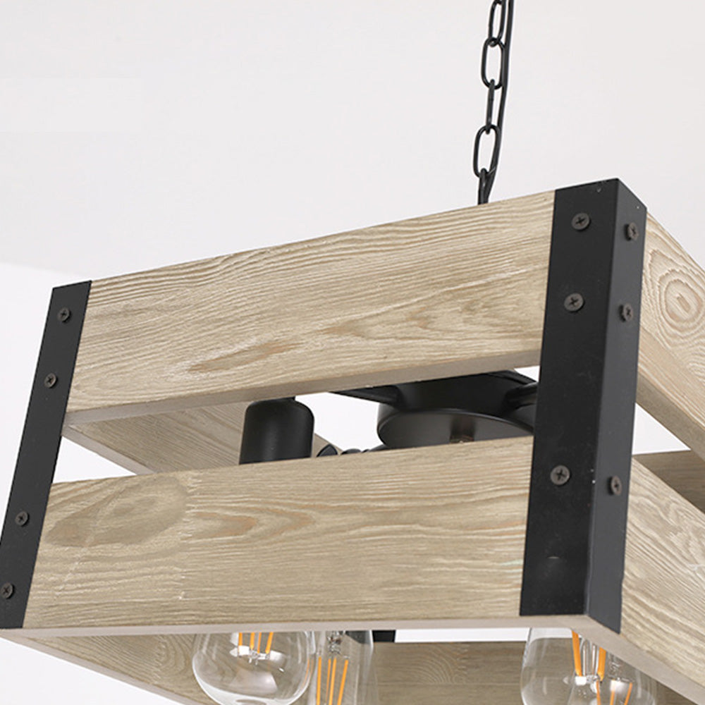 Lutopur Retro Square Metal & Wood Pendant Light, 4 Heads, 2 Style