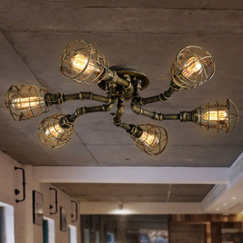 Watopet Industrial Flush Mount Ceiling Light, Black/Brass