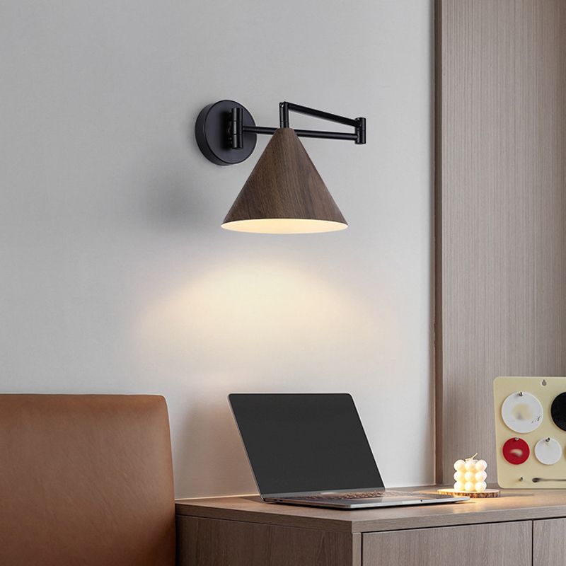 Posunes Cone Shaped Adjustable Wall Lamp, Metal/Wood, Bedroom