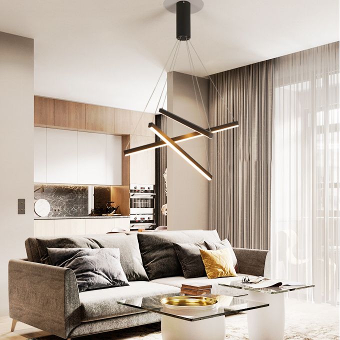 Wuminon Minimalist Linear Metal Pendant Light, Living Room, Black