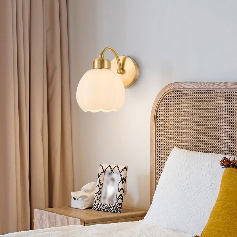 Jekumut Nordic Flower Vanity Glass Metal Wall Lamp, Gold/Ivory