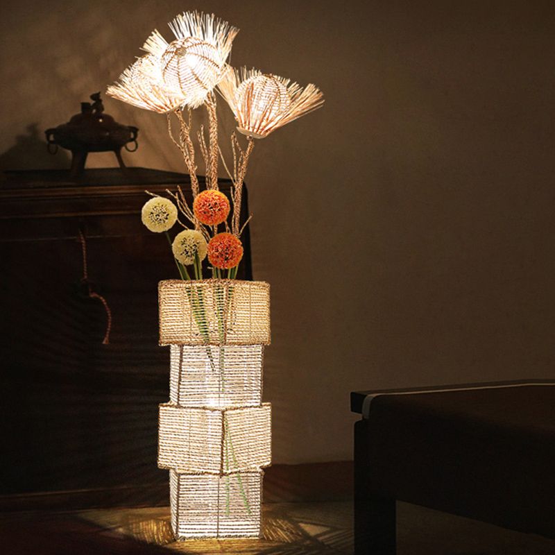 Hatenon Retro Vase Wood Rattan Floor Lamp, White/Brown