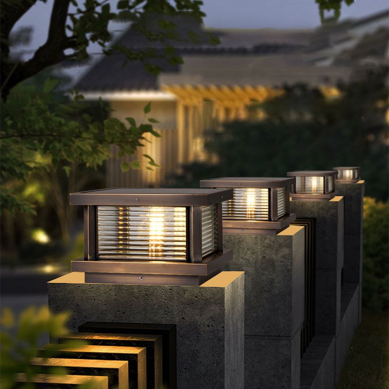 Loporum Modern Rectangular Metal Outdoor Solar Lamp, Black/ Brass/Bronze