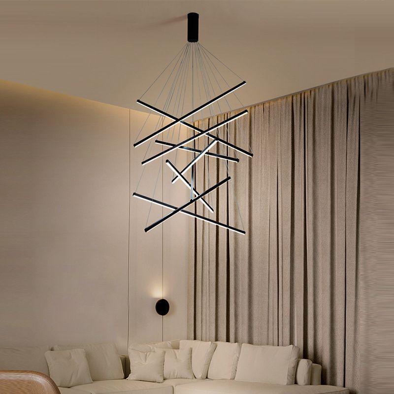 Wuminon Minimalist Linear Metal Pendant Light, Living Room, Black