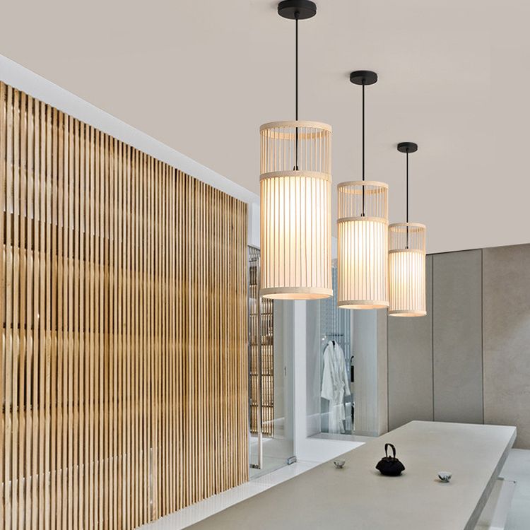 Kovelek Weave Cylinder Pendant Light, Coffee/Wood, Metal/Bamboo
