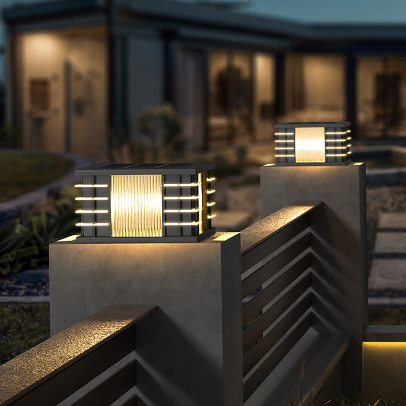 Sinibet Modern Square Metal Glass Outdoor Solar Floor Lamps, Black