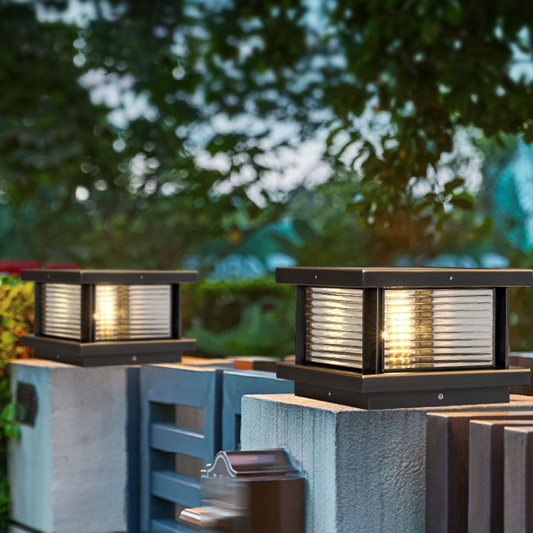 Loporum Modern Rectangular Metal Outdoor Solar Lamp, Black/ Brass/Bronze