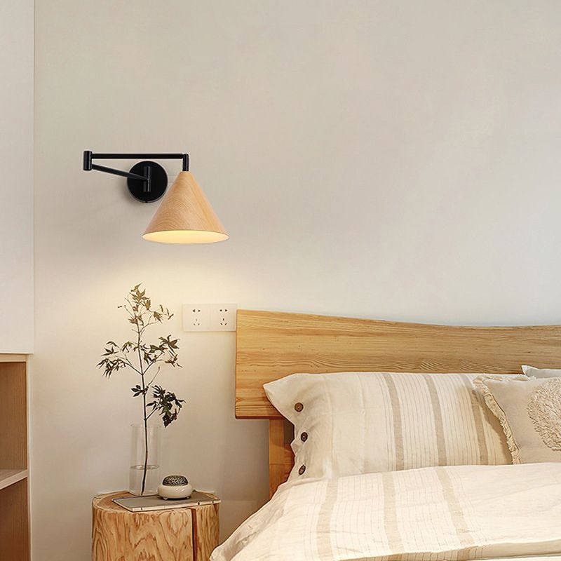 Posunes Cone Shaped Adjustable Wall Lamp, Metal/Wood, Bedroom