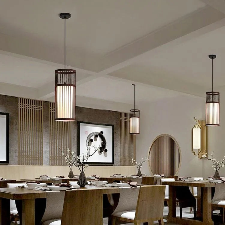 Kovelek Weave Cylinder Pendant Light, Coffee/Wood, Metal/Bamboo
