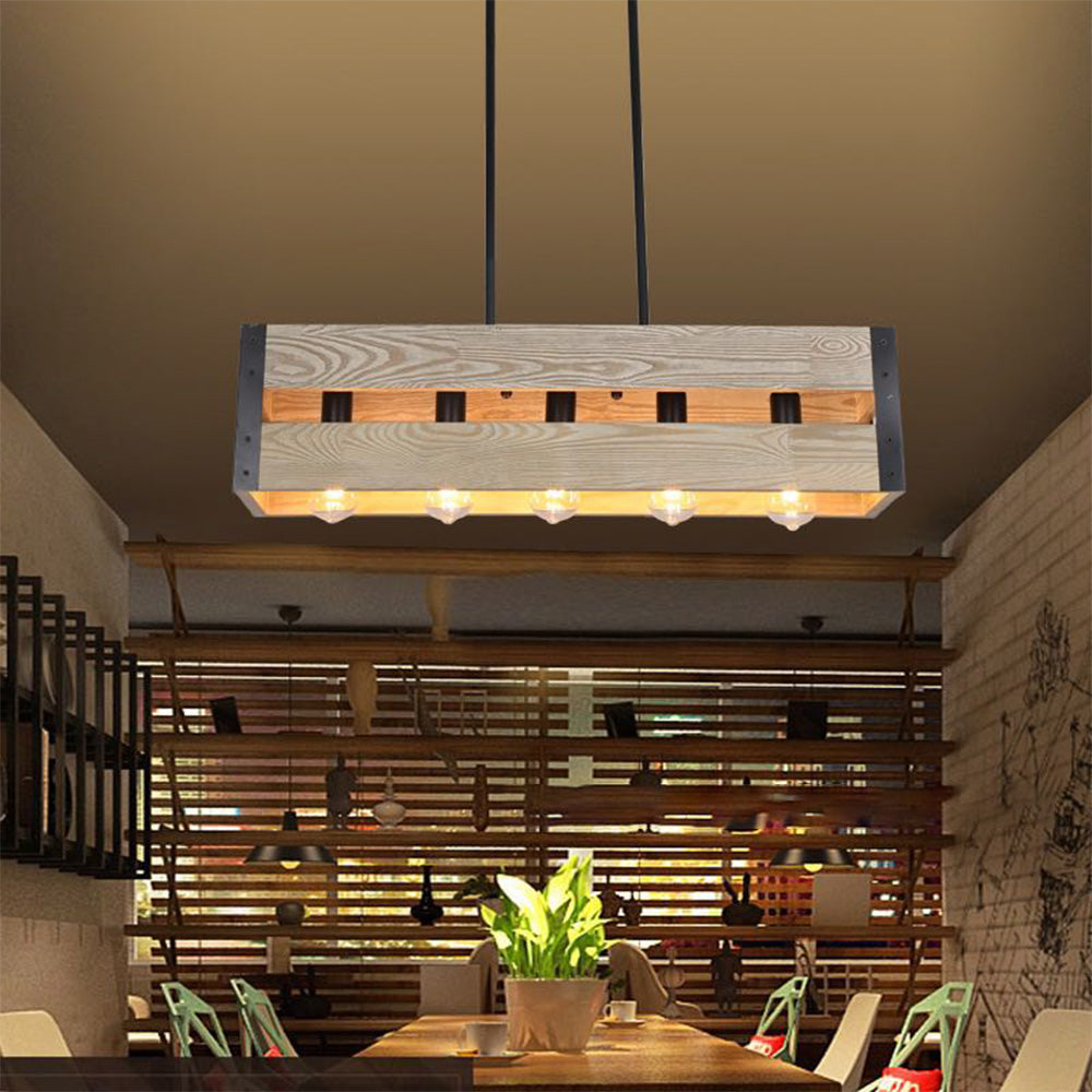 Finubit Retro Rectangular Metal & Wood Pendant Light, 5 Heads, 2 Style