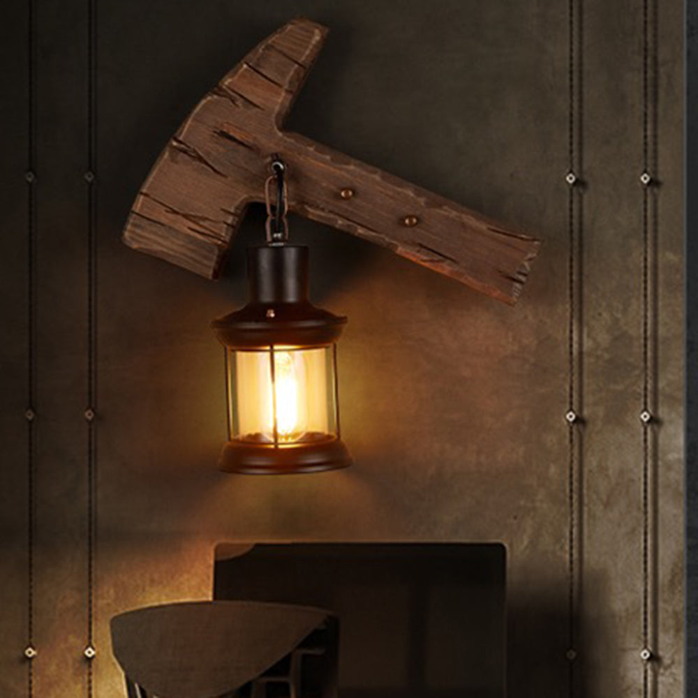 Hugigol Wall Lamp Hammer Shape Vintage, Wood/Metal, Living Room