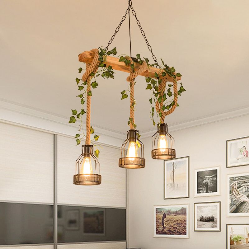 Mepenoru Caged Vintage Farmhouse Wood Beam Pendant Light 3/5 Heads