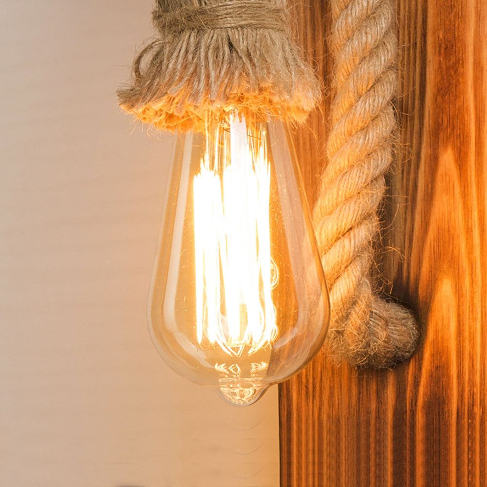 Tobemud Vintage Rectangular LED Wall Light, Wood/Hemp Rope, Dining Room