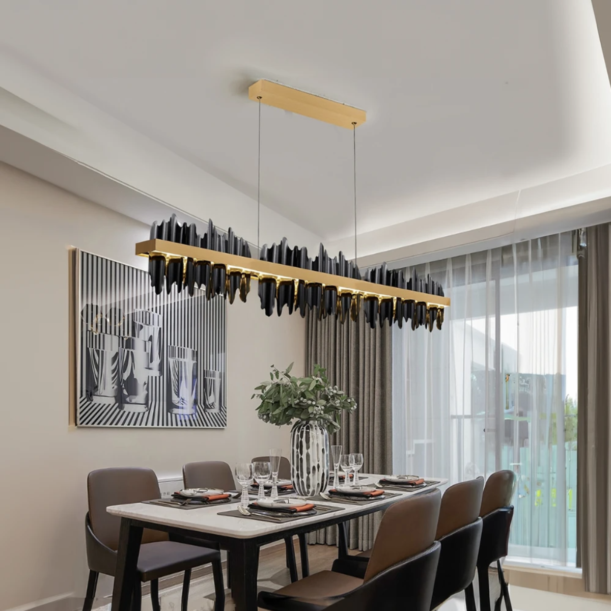 Zepebur Industrial Chandelier Rectangle Metal Gold Black Living Room