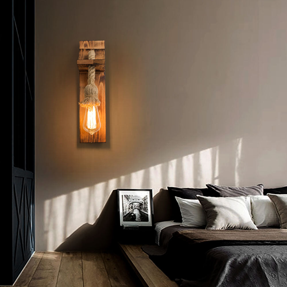 Tobemud Vintage Rectangular LED Wall Light, Wood/Hemp Rope, Dining Room