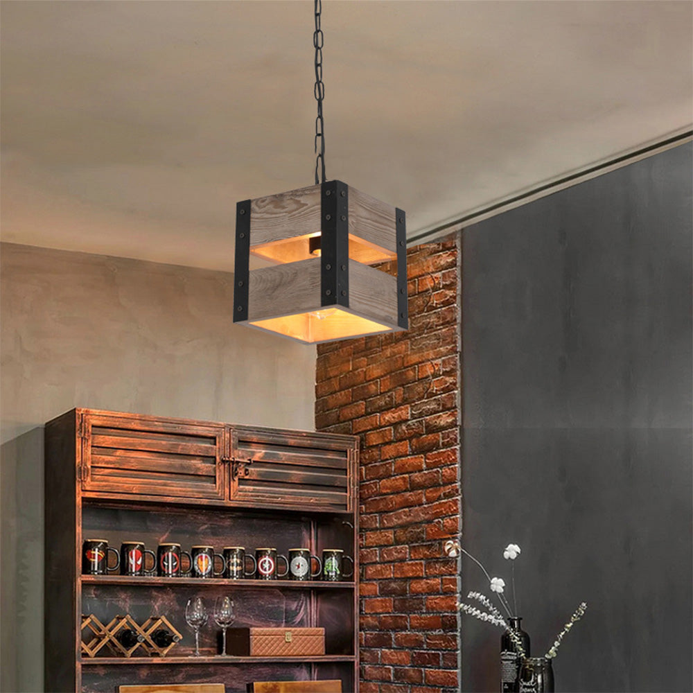 Lutopur Retro Square Metal & Wood Pendant Light, 4 Heads, 2 Style