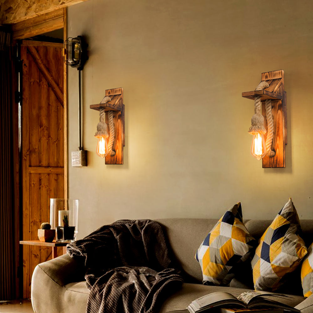 Tobemud Vintage Rectangular LED Wall Light, Wood/Hemp Rope, Dining Room