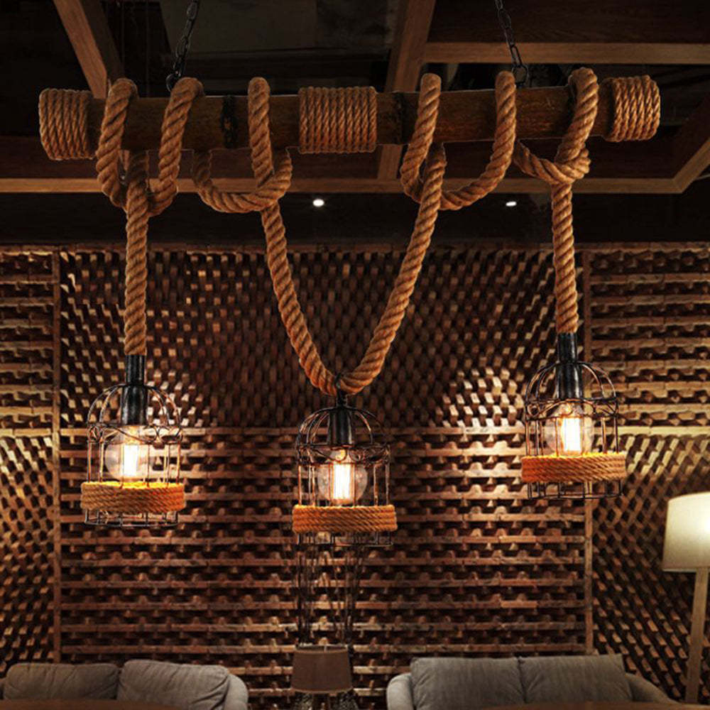 Helamed Vintage 3 Heads Wood Rope Pendant Light