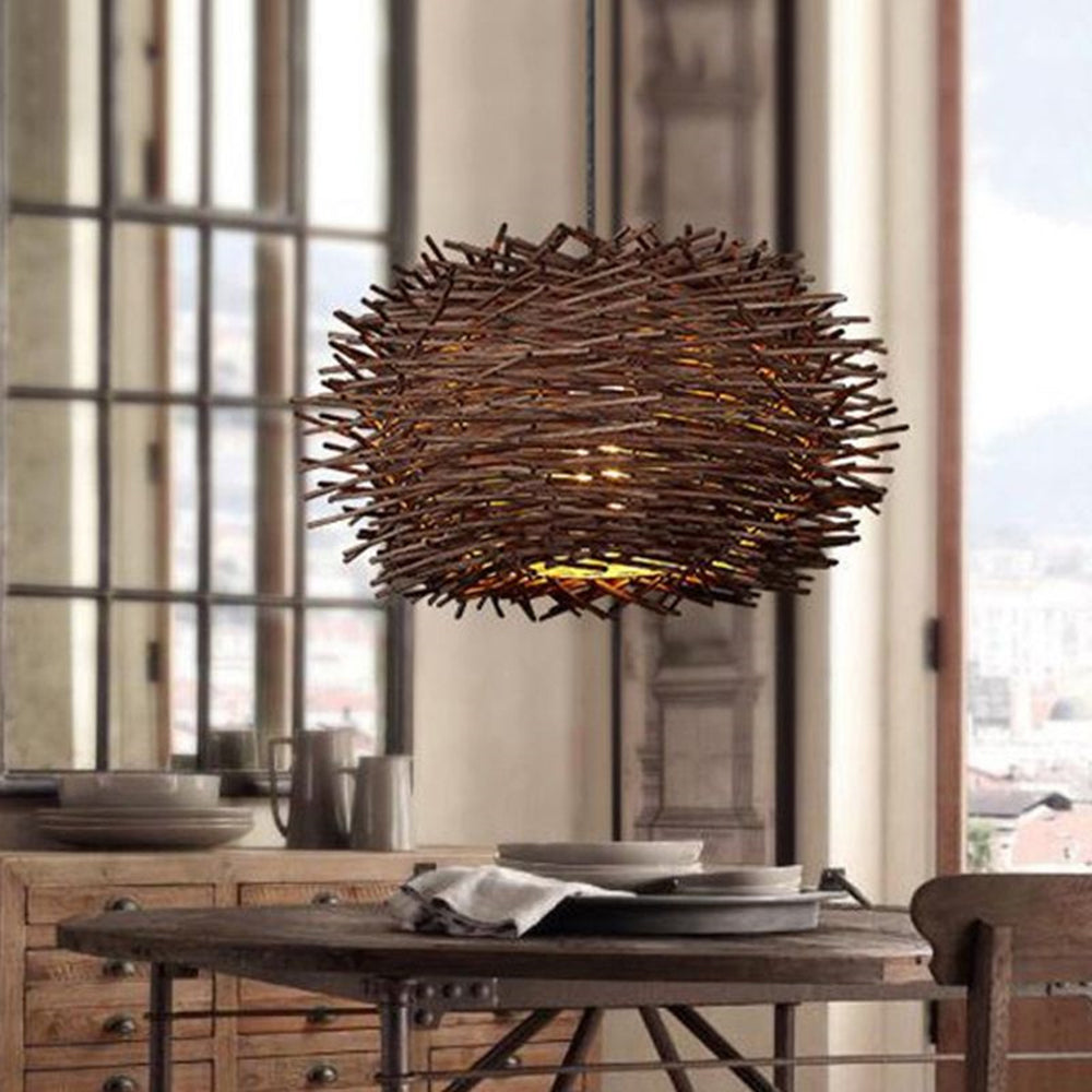 Papeneso Wooden Bird Nest Rattan Pendant Light, Brown/Wood