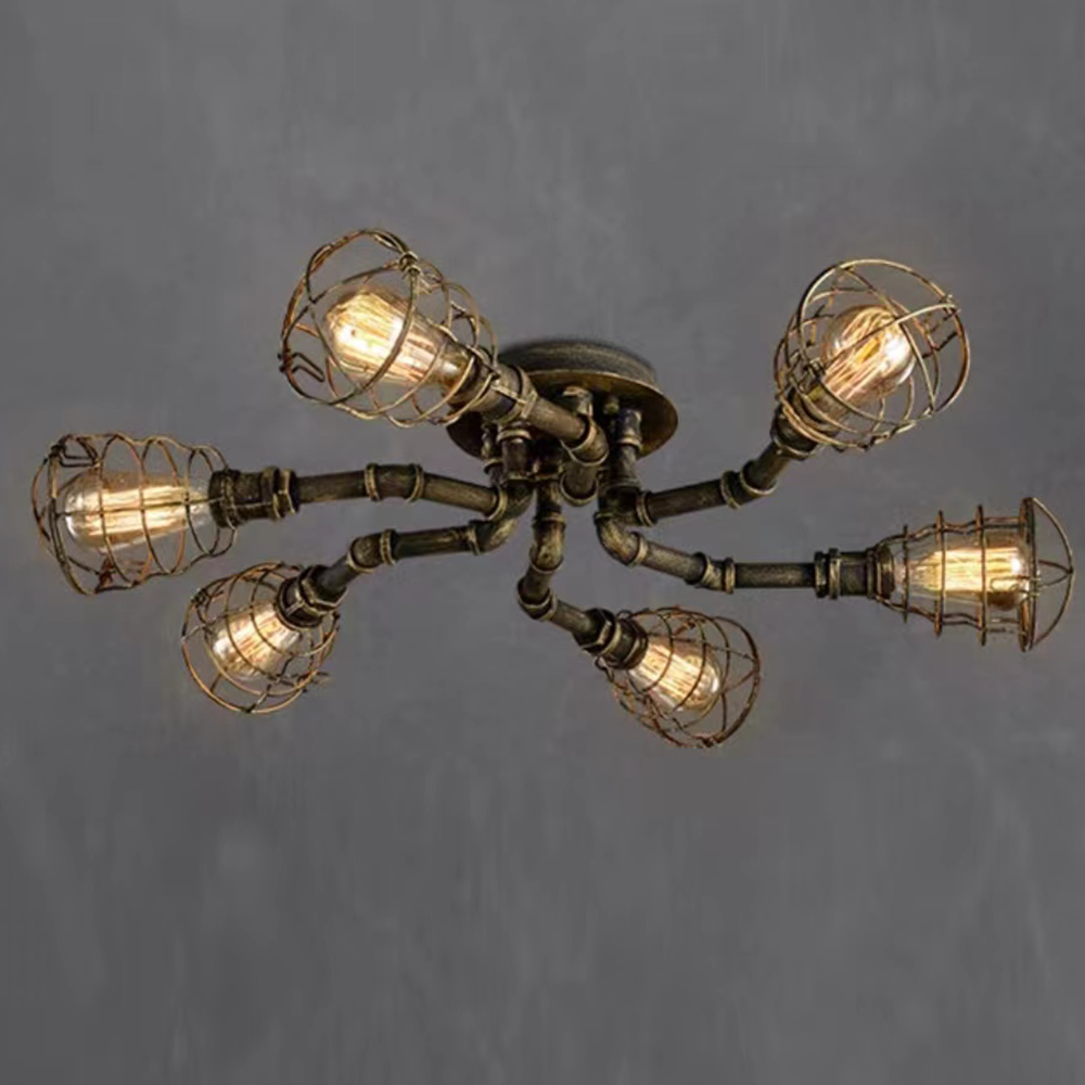 Watopet Industrial Flush Mount Ceiling Light, Black/Brass