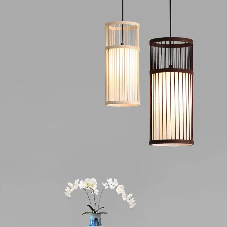 Kovelek Weave Cylinder Pendant Light, Coffee/Wood, Metal/Bamboo