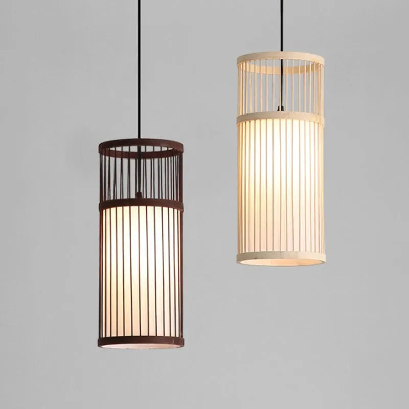 Kovelek Weave Cylinder Pendant Light, Coffee/Wood, Metal/Bamboo