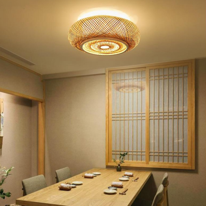 Revutot Rattan Woven Rustic LED Flush Mount Ceiling Light