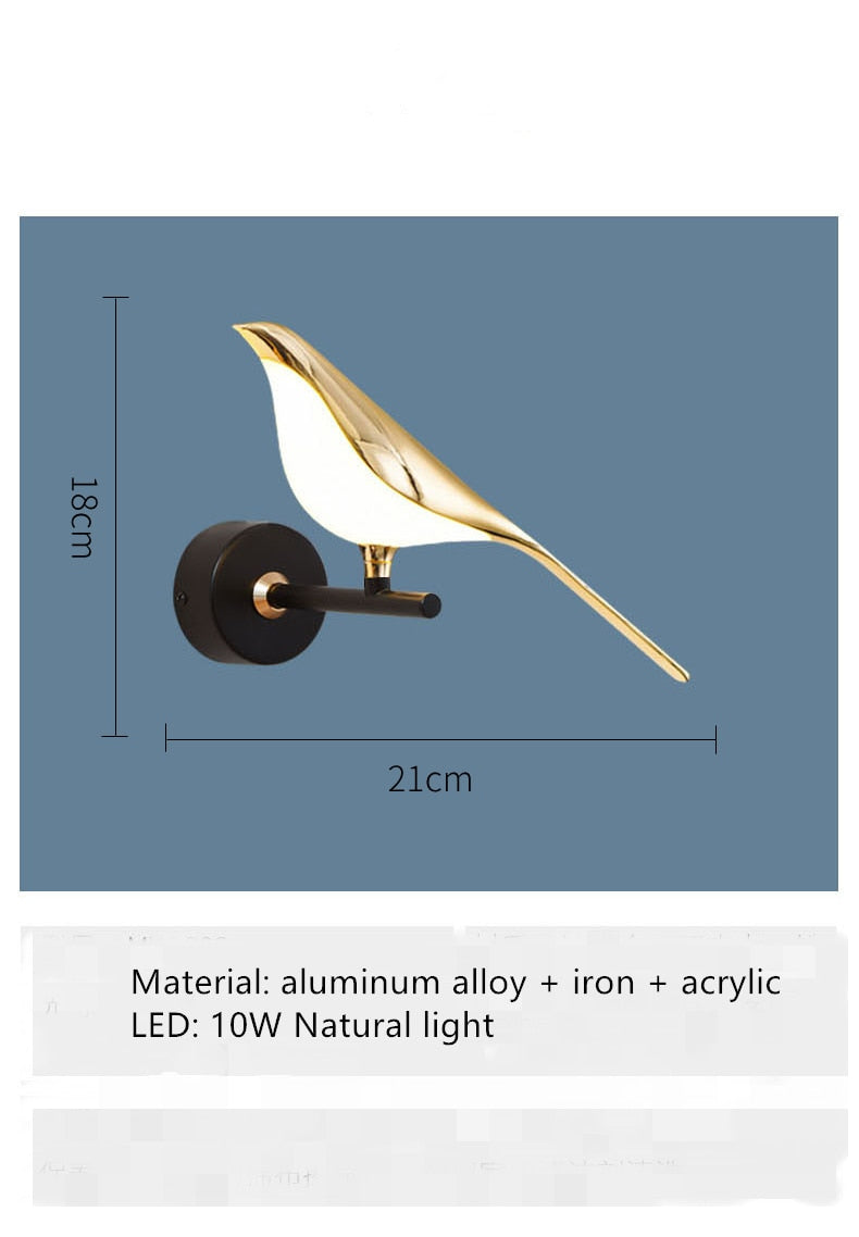 Kimilot Minimalist Magpie Bird Metal Wall Lamp, Bedroom