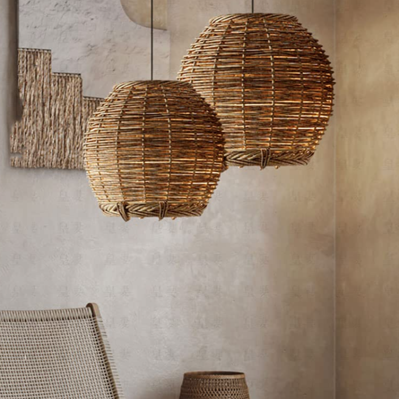 Nimavoda Retro LED Pendant Light Wood Rattan Living Room Restaurant
