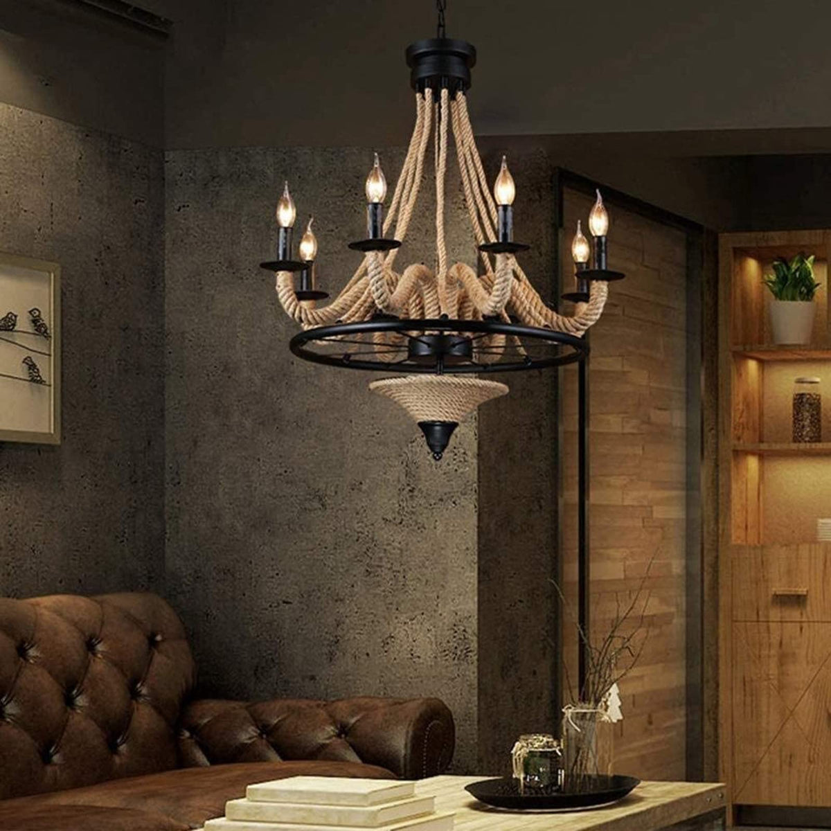 Cudurak Antique LED Pendant Light Black Metal/Rope Bar