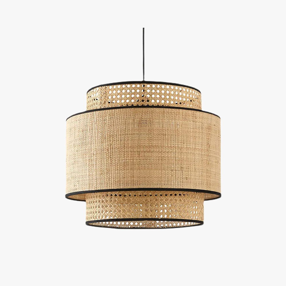 Danogar Wabi Sabi Tri-Layer Cylindrical Rattan/Metal Pendant Light, Wooden